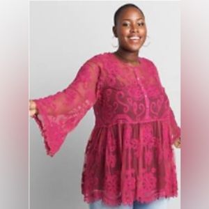 Lane Bryant Embroidered Mesh Babydoll top